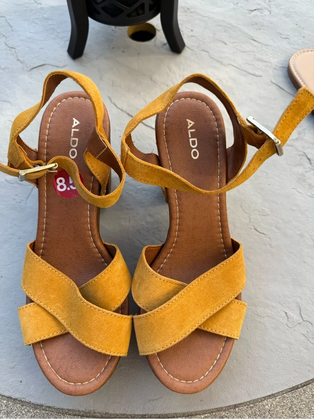 Aldo Mustard Suede Platform Sandals with Wood-Effect Block Heel